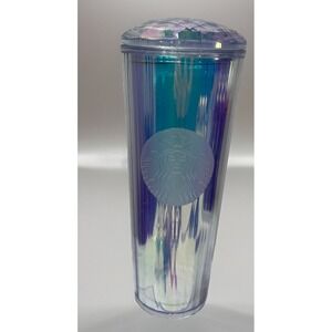 Starbucks Iridescent Rainbow Diamond Crystal Cold Cup 24oz Venti Tumbler W/straw